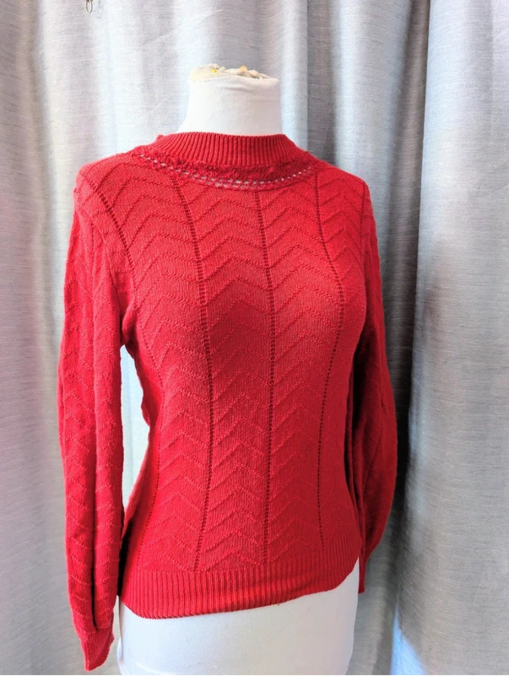 Vintage 70s Red Cotton Chevron Knit Sweater M